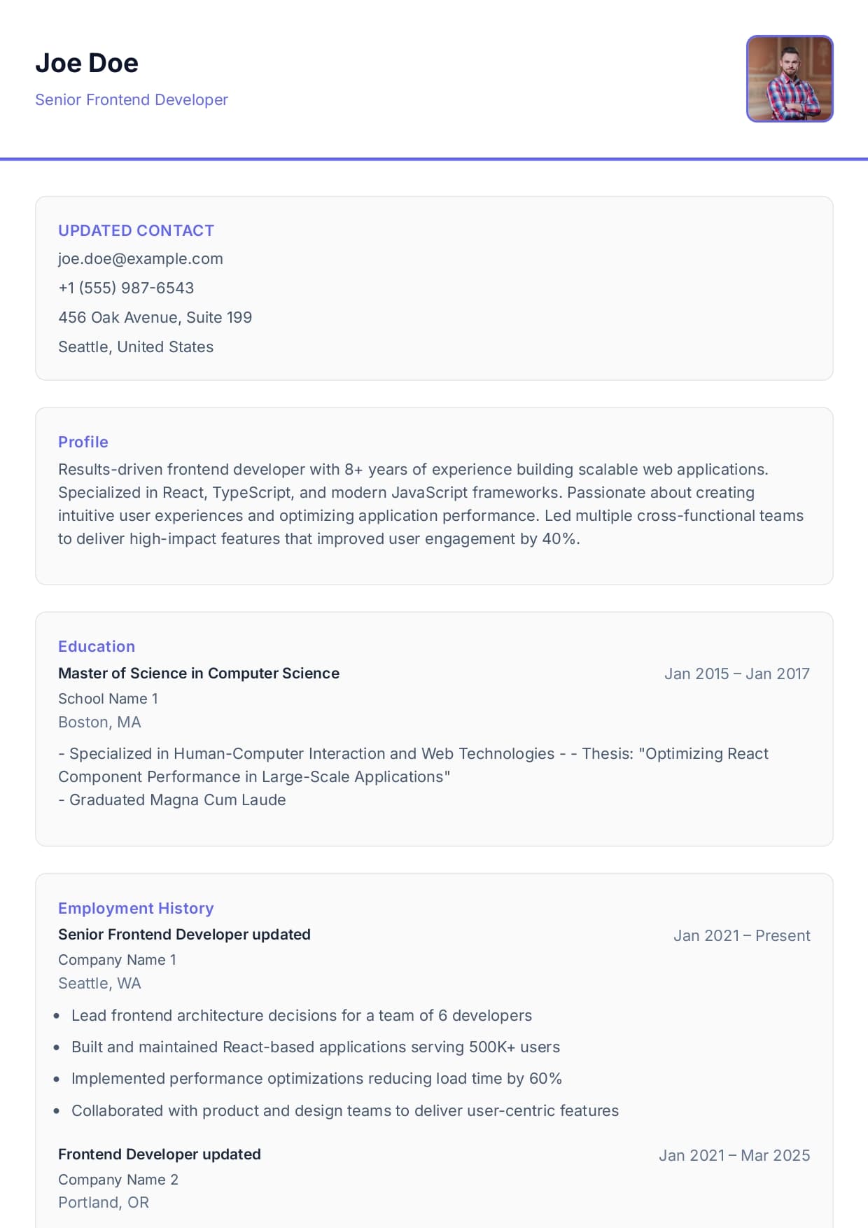 Card resume template preview