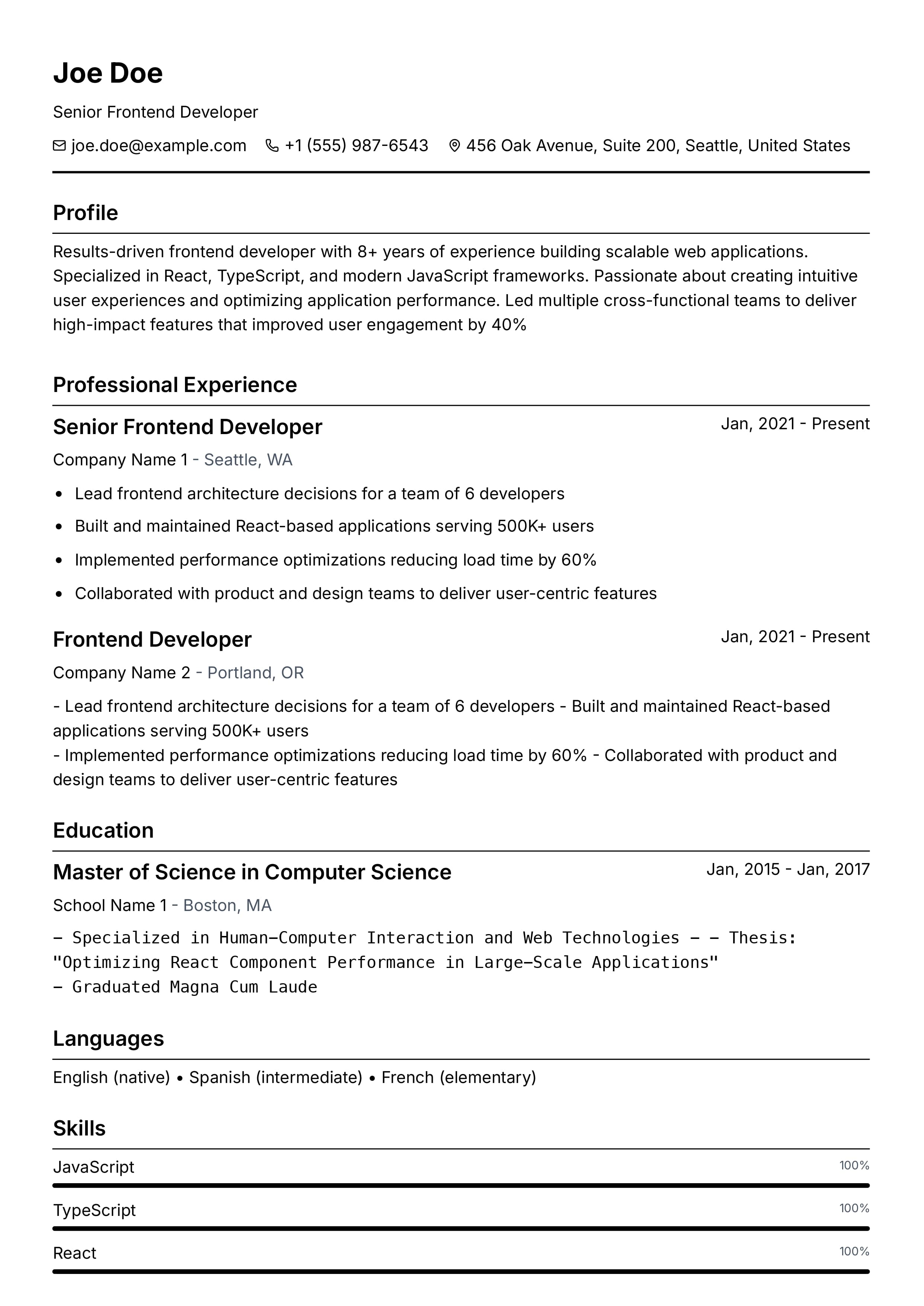 Minimal resume template preview