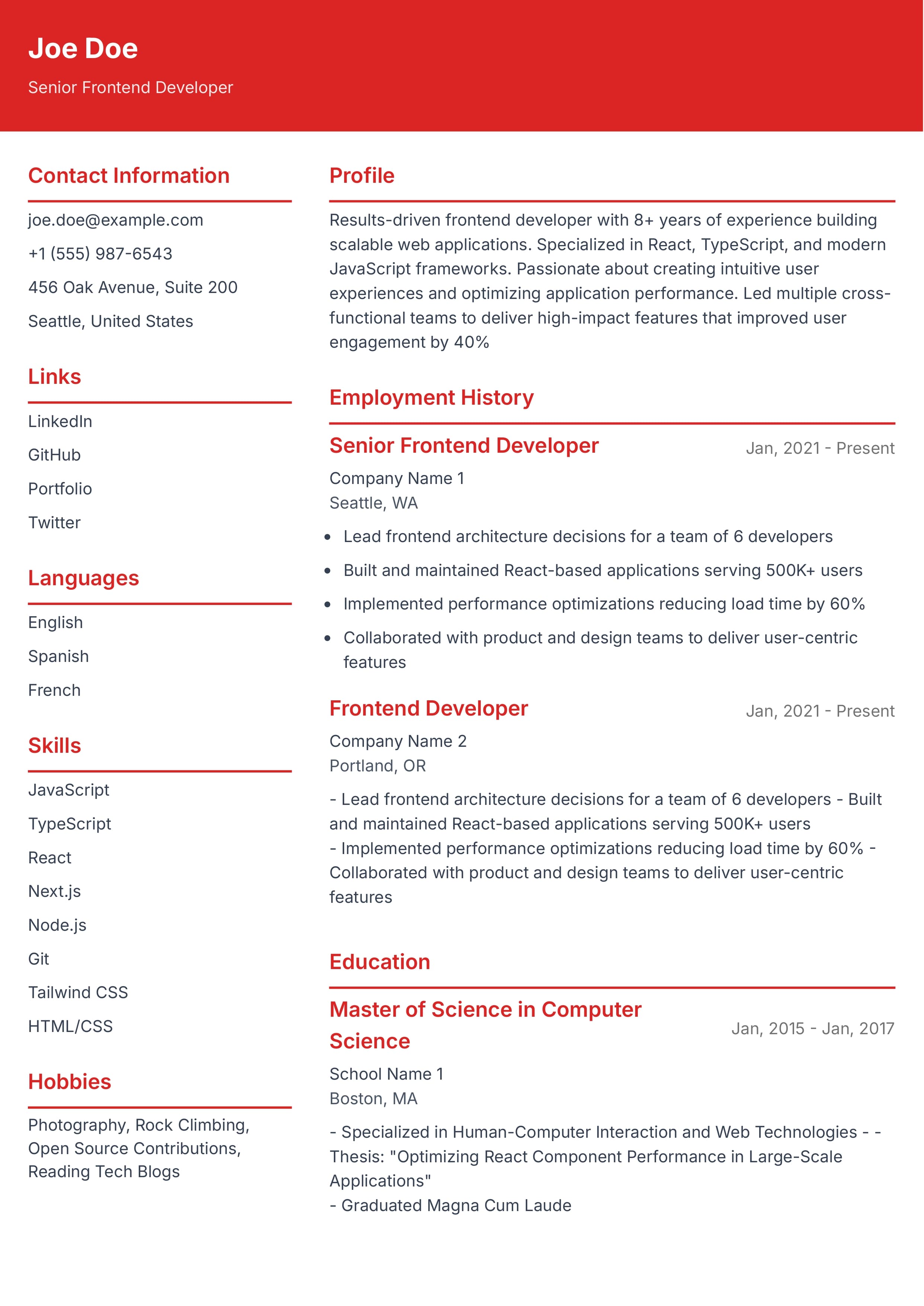 Professional resume template preview